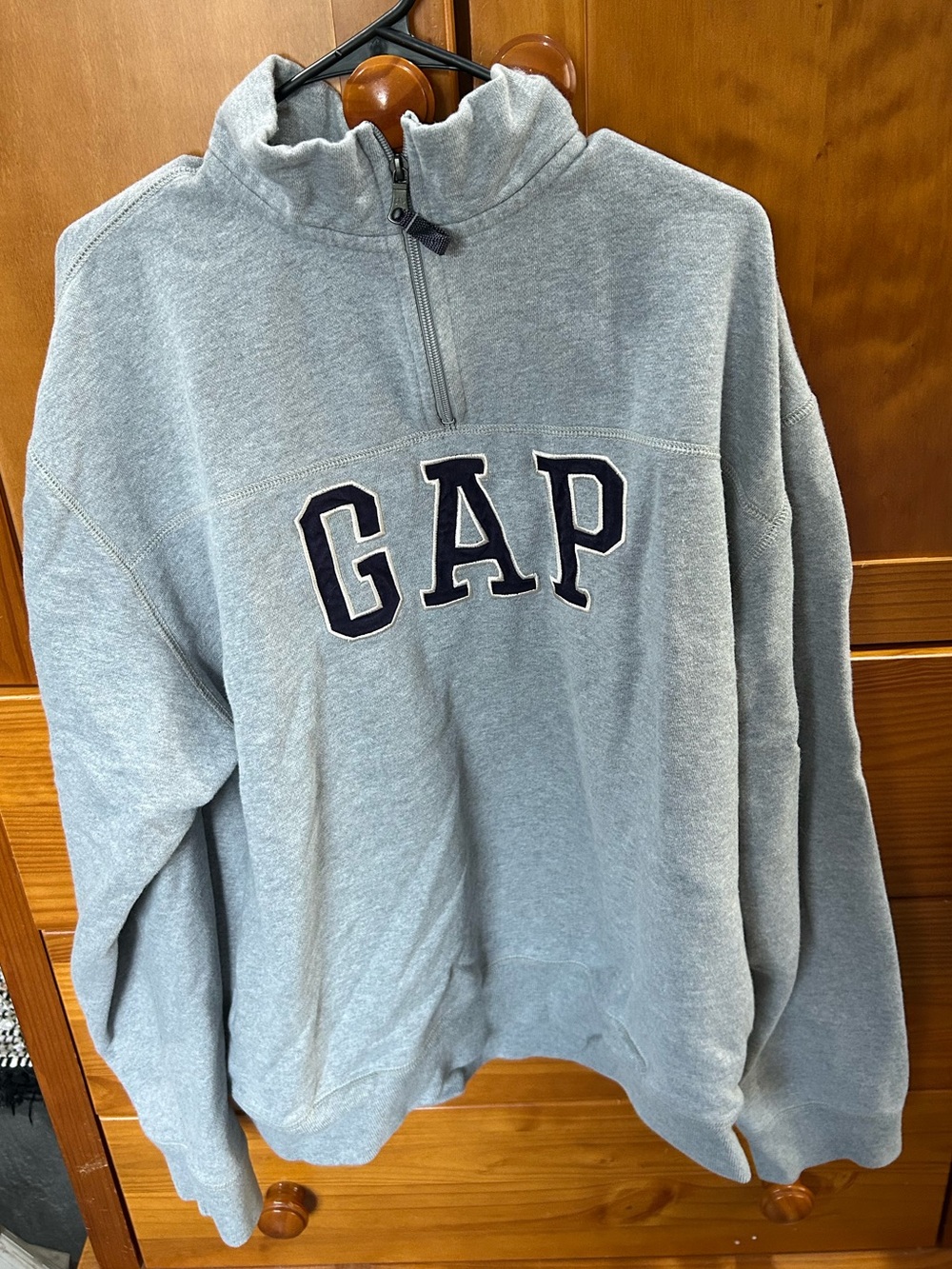 GAP Quarter-Zip Sweatshirt in Light Gray with navy GAP